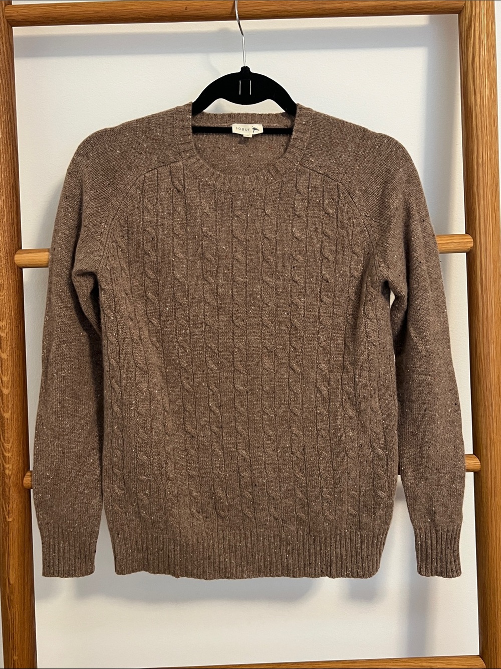 Soeur Paris Brown Flecked Tweed Cable Knit Wool Crewneck Sweater - Size M